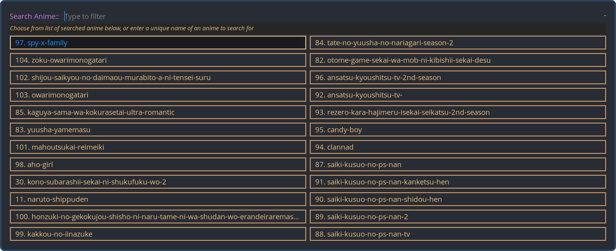 anime selection menu