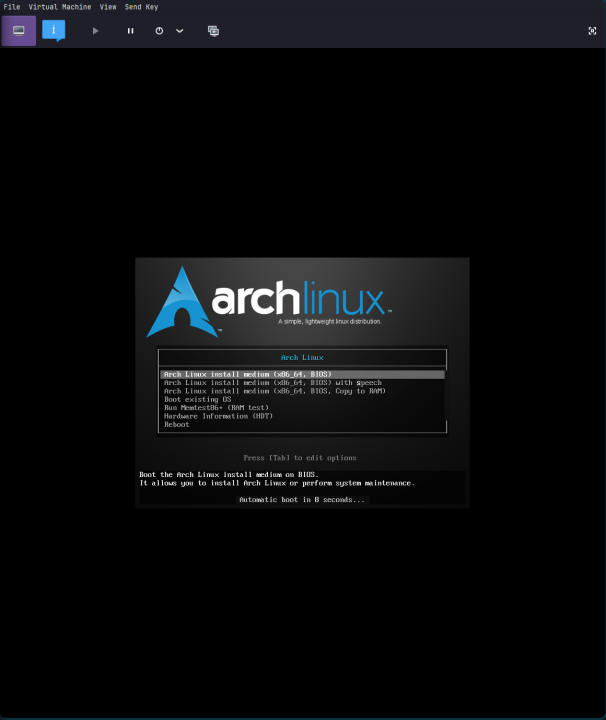 Arch Linux installation boot page